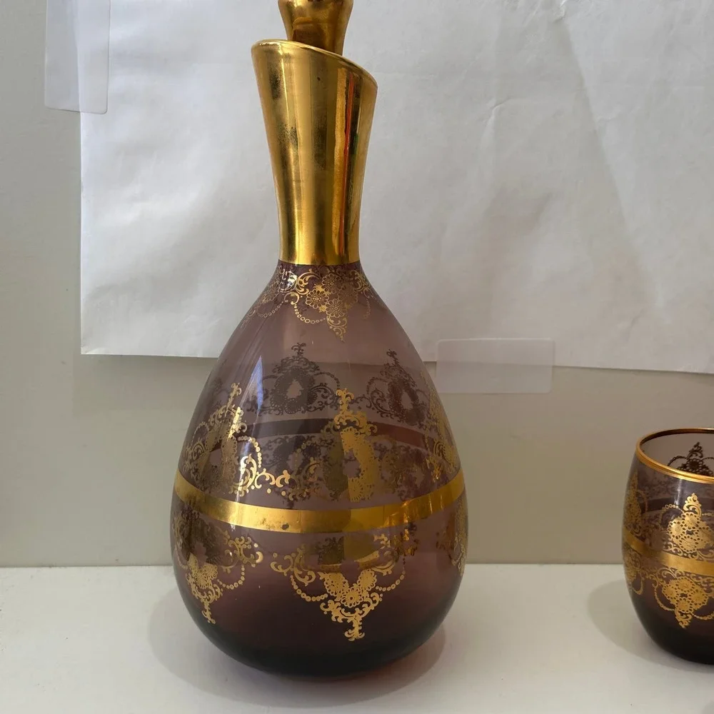 Venezia Amethyst Glass Decanter Set Gold Painted 7pc Vintage 2005 The Mosher's